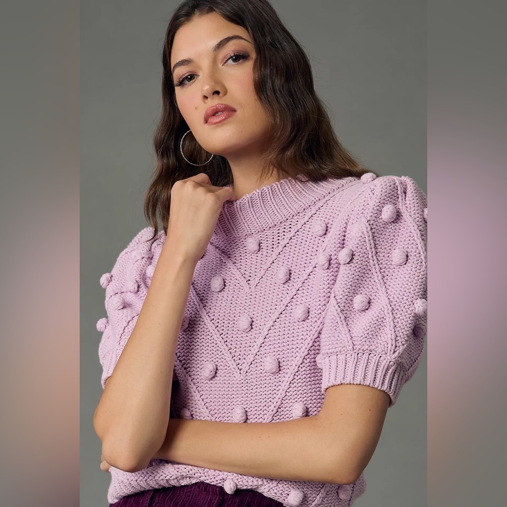 NWOT English Factory Puffy Short-Sleeve Pom Pom Sweater In Lilac Women’s Medium